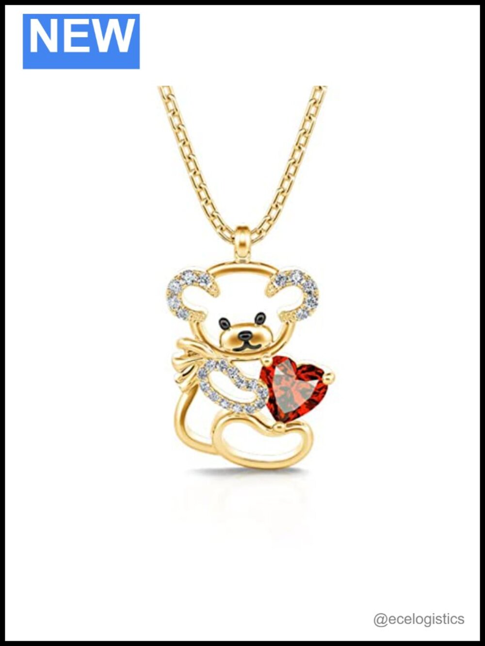 Sterling Silver Teddy Bear Pendant Necklace Crystal Heart Simulated Diamond